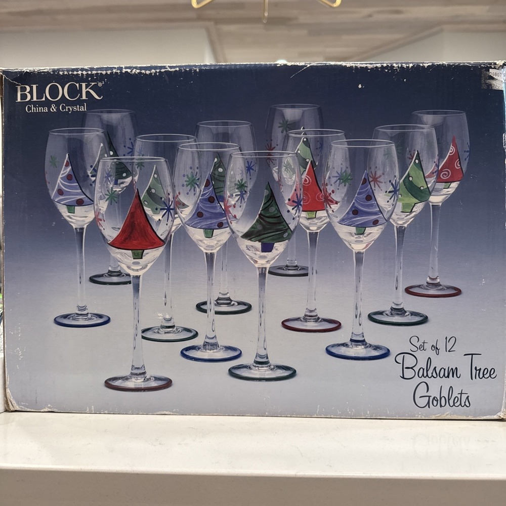 Block Crystal‎ Set 12 Balsam Tree Goblets Wine Glasses  Xmas Christmas Holiday